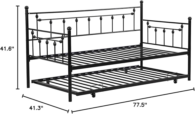 Convertible Modern Twin Size Metal Daybed Couch Pull Out Trundle Sofa Bed 2 in 1 Convertible Sleeper Daybed Sofa Bed Frame for Bedroom Living Room Guest Room Office Black One Size