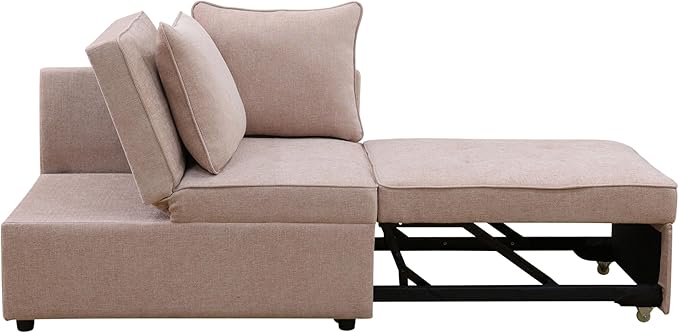 Sleeper Sofa 4-in-1 Convertible Ottoman Couch Bed Modern Sackcloth Futon Sofa Bed with 2 Pillows Adjustable Backrest Recliner Folding Loveseat for Living Room Apartment Dorm OfficePink