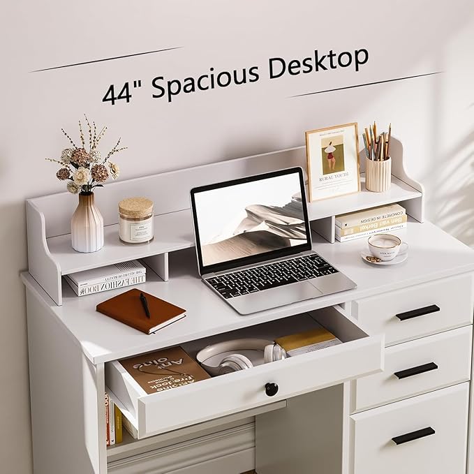 4 EVER WINNER White Desk with Drawers Home Office Desk for Bedroom Wood Desk with File Cabinet &amp Monitor Stand for Small Places White