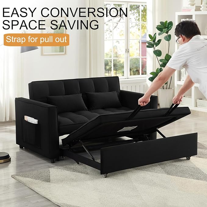 Loveseat Sleeper Sofa 3 in 1 Convertible Sofa Bed Adjustable Backrest Comfy Pull Out Couch Modern Upholstered Sofa for Living Room Bedroom Apartment Small Space (Black)