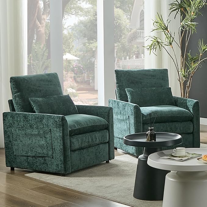 Tbfit Living Room Arm Chair Set 2-Pack Modern Accent Chairs Cloud Single Sofa Spring Seat Cushion Comfy Lumber Pillow Soft Upholstered Furniture Home Apartment Green