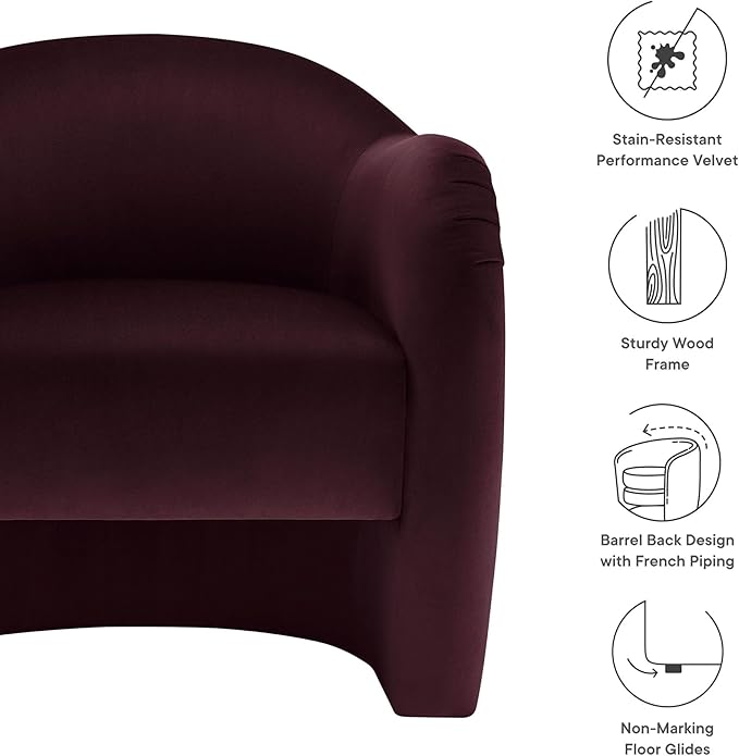Modway Compose Barrel Chair with Performance Velvet Fabric in Mulberry – Upholstered Accent Armchair with Curved Backrest – Cozy Lounge Chair for Reading – Round Comfy Single Sofa Club Chair