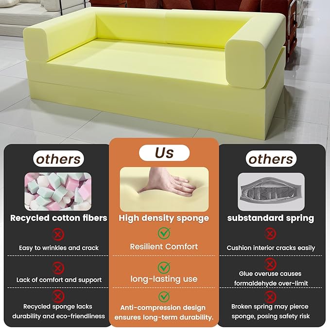 Convertible Sleeper Sofa Bed Corduroy Upholstered Green Modular Floor Couch Queen/King Size Foldable Futon with Memory Foam for Apartment Living Room Bedroom (Off White) (single-sided armrest 80.15)
