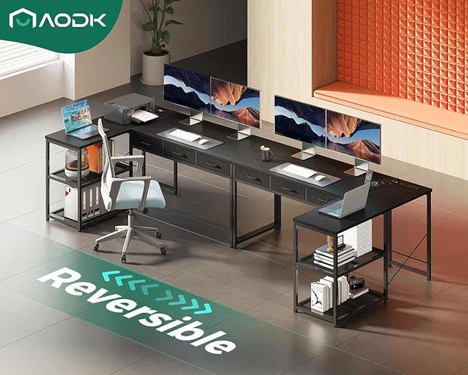 AODK 53 Inch L Shaped Computer Desk with Drawers Corner Desk with Power Outlets &amp Reversible Storage Shelves for Home Office Gaming Black