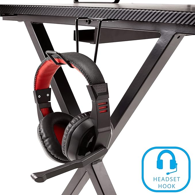 Seville Classics airLIFT Computer Writing Desk w/ Headset Cup Speaker Holders Monitor Riser Table Modern Work for Home Office Workstation Black 42 Carbon Fiber X Frame