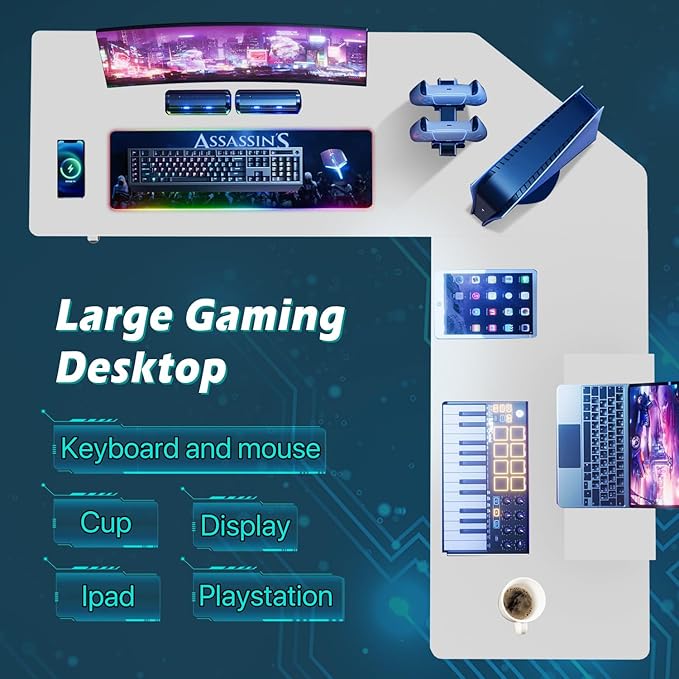 Dkelincs L Shaped Gaming Desk 51 Inch Computer Corner Desk Home Office Desks PC Gaming Table with Monitor Riser Stand for Home Office Writing Workstation White