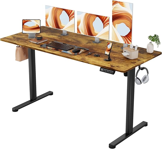 Furmax Electric Standing Desk 55 x 24 Inches Sit Stand up Desk Sit Stand Height Adjustable Home Office Desk with 4 Height Position Memory - with Splice Board (Rustic Brown 55)