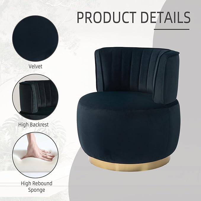 KEIKI Swivel Barrel Accent Chair 360 Degree Rotating Upholstered Armchair with Velvet Fabric for Living Room Office Bedroom Black