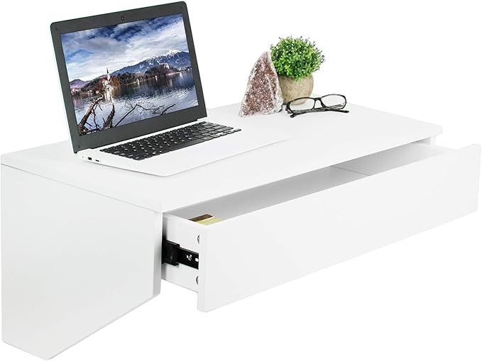 VIVO White Wall Mounted Desk with 28 inch Surface and Pull Out Drawer Floating Wall Organizer Under Storage Workstation DESK-SF01W