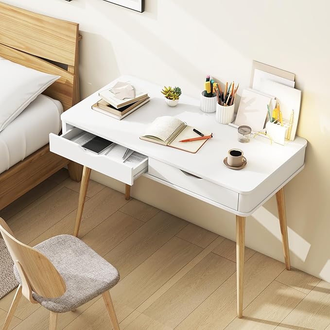 Giantex Mid-Century Desk with 2 Drawers 43.5 Writing Study Desk with Solid Rubber Wood Legs Home Office Computer Workstation PC Laptop Desk Modern Makeup Vanity Table for Bedroom (White &amp Natu