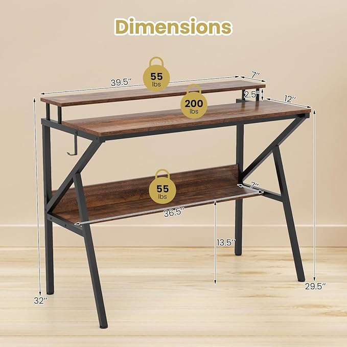 Giantex Small Desk with Storage Compact Computer Desk for Small Spaces with Monitor Stand Metal Frame &amp Earphone Hook Laptop PC Table Modern Writing Desk for Home Office Bedroom (Rustic Brown
