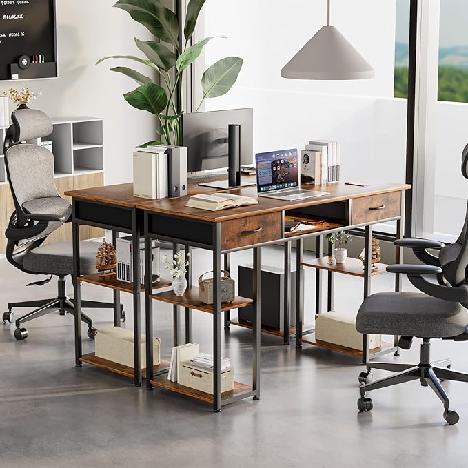 Sweetcrispy Desk with Fabric Drawers Computer Office 48 Inch Gaming Writing Study 4 Storage Shelves Table for Home Office Bedroom PC Desk Pure Brown