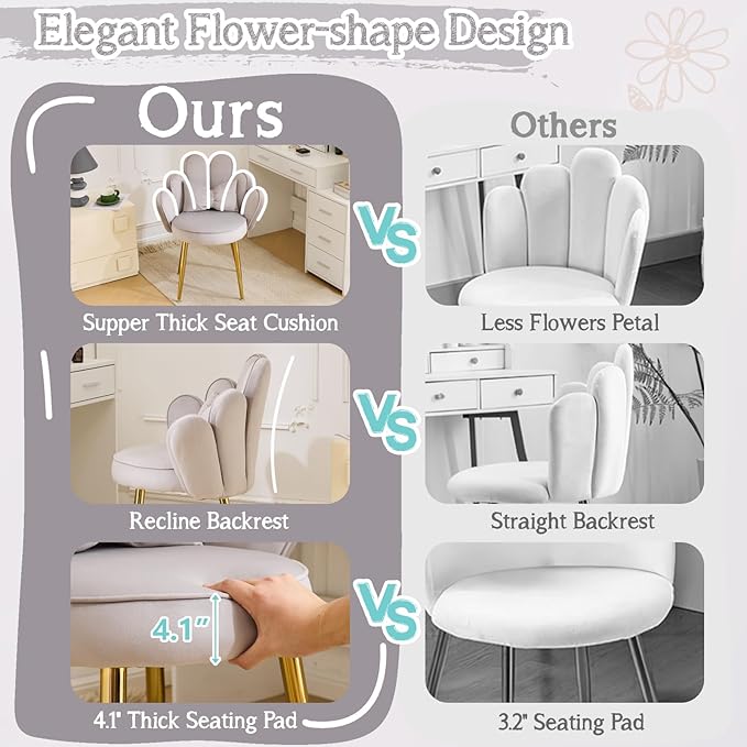 VINGLI Petal Makeup Vanity Chair with BackFlower Cute Girls Desk Chair Comfy No WheelsModern Dining ChairSmall Accent Chair with Adustable Gold Legs&ampBow Pillow for Home OfficeBedroomVelvetGr