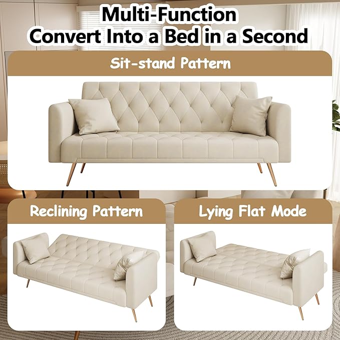 71 Convertible Folding Sleeper Sofa CouchModern Velvet Loveseat Sleeper with 2 Pillows Futon Sofa Bed with Mattress and Frame for Living RoomBedroomSmall Space (Beige)