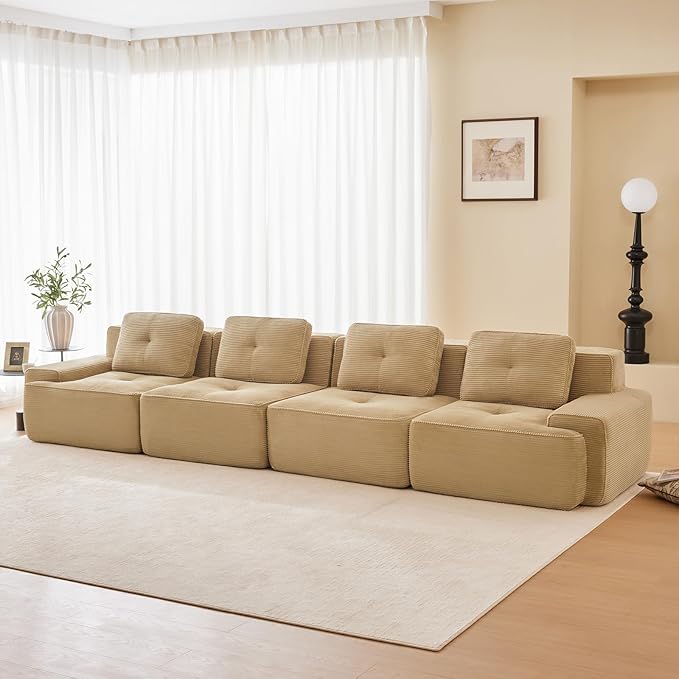 153 Modern Corduroy Cloud Sofa Boneless Modular Large Sectional Couches for Living Room Camel 4 Seater Compressed Memory Foam Couch Extra Deep Seat No Assembly