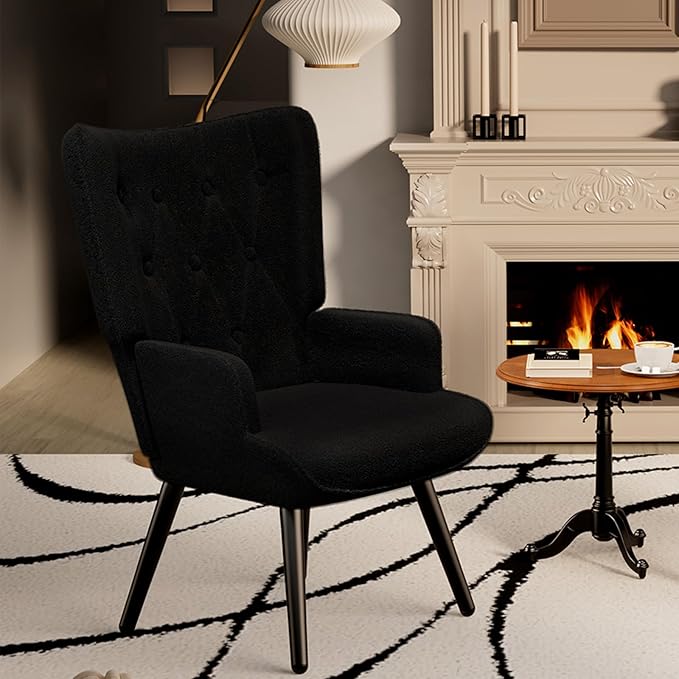 TLSUNNY Accent Chair Comfy Upholstered Armchair with Metal Legs High Backrest Living Room Chair Wingback Chair Mid Century Modern for Living Room/Vanity/Bedroom Teddy Fabric Black (1 pc)