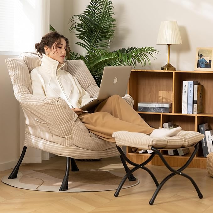 HollyHOME Lazy Chair with Foldable Ottoman Accent Comfy Lounge Armchair and Folding Footrest Stool Leisure Sofa Reading Chair and Footstool for Living Room Bedroom DormBeige Stripe