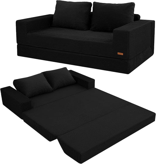 COMAX Convertible Sofa Bed Queen Corduroy Folding Floor Couch Pull Out Couch Bed Futon Sleeper with Pillows Fold Out Boneless Sofa Comfy Lounge Mattress Loveseat for Living Room Bedroom Black