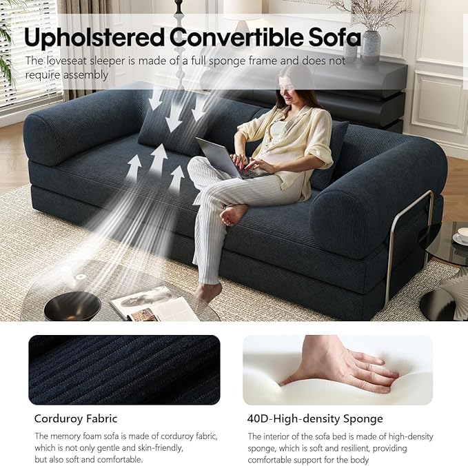 78.8 Modular Sofa Bed - 4-in-1 Convertible Design with Corduroy Fabric and High Density Sponge Removable Cover and Fixed Frame