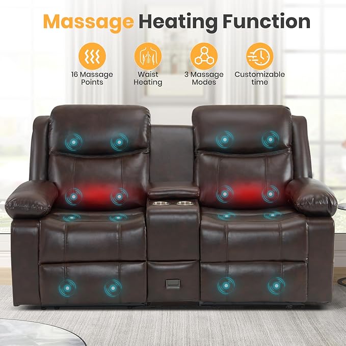 Loveseat Recliner Sofa with Massage &amp Heating Reclining Loveseat with Console RV Wall Hugger Double Loveseat Recliner Couch for Living Room &amp Home Theater (Brown)
