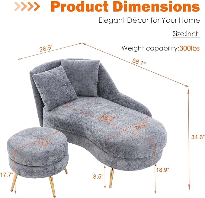 Chaise Lounge Chair Indoor Chenille Upholstered Chair with Left Armrest &amp Pillow Modern Lounge Chairs Sofa with Footstool for Living Room Bedroom Office (Grey)