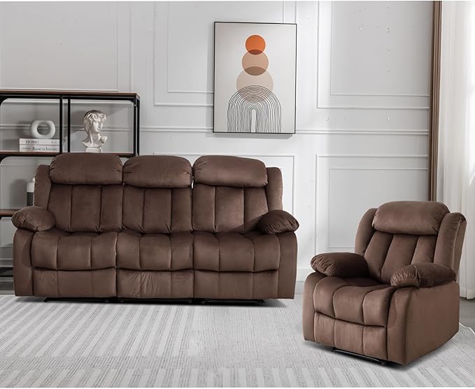 EBELLO Manual Reclining Sofa Set Classic Recliner Sofa with Overstuffed Arms and Backrest Includes 2 Recliner Chair and 1 3-Seat Couch Brown
