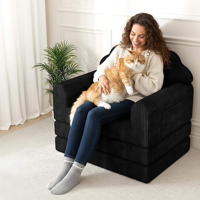 2-in-1 Folding Sofa Bed with Back Support 75 D x 34 W Convertible Futon Sleeper Chair for Adult Fold Out Bean Bag Floor Foam Lounger Couch for Living Room Bedroom Small Space Black