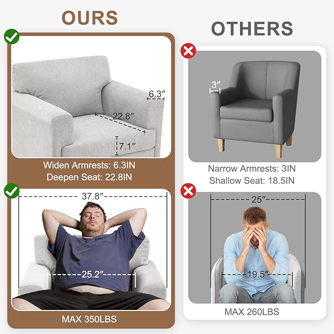 Oversized Accent Chair Upholstered Living Room Chairs Single Sofa Chair w/Metal Legs Comfy Linen Fabric Reading Lounge Armchair for Apartment Bedroom Office Light Grey 1PC