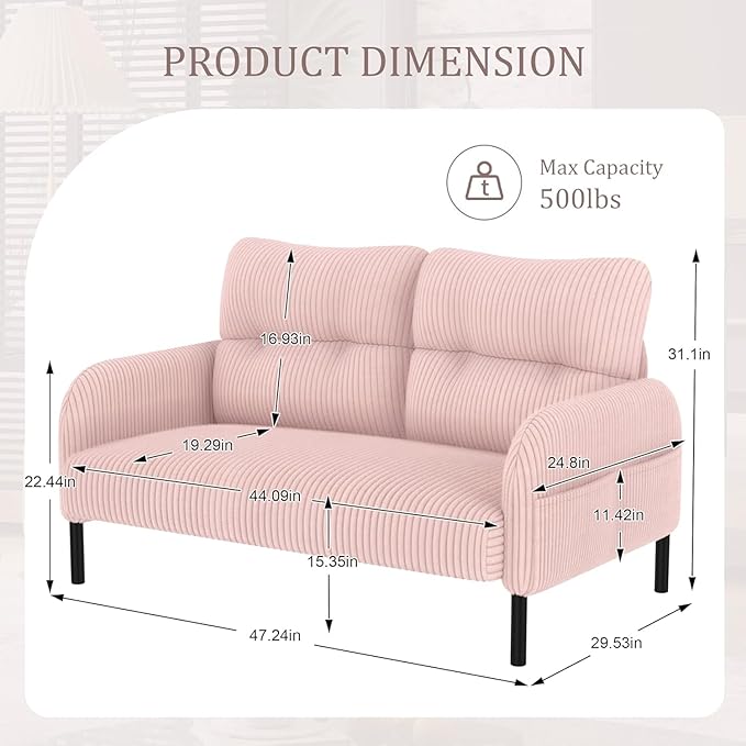 Corduroy Loveseat for Living Room &amp Bedroom - Modern 2-Seater Sofa with Storage PocketsSolid Wood Frame High-Density FoamComfortable Compact Couch for Small Spaces500 lb Capacity (Pink)