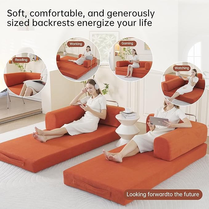 79” Convertible Sofa Bed 35D High-Density Foam&ampCorduroy Fabric Sleeper Couch Bed Fixed-Shape Frame &amp Removable ArmrestsModular Folding Small Loveseat Futo Sectional Funto Couch for Small S