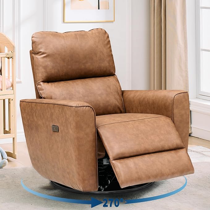 GarveeHome Power Recliner Chair 270° Swivel Rocking Glider with USB Charging Port PU Leather Upholstered Fabric Ergonomic Modern Nursery Chair for Living Room Bedroom Nursery (Brown)