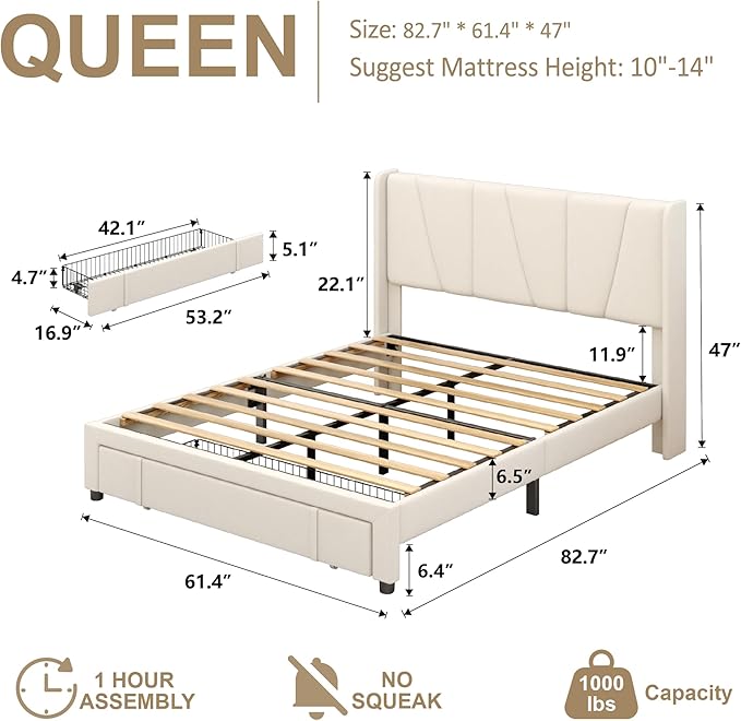 Queen Bed Frame with Storage Drawers Upholstered Queen Size Platform Bed with 47 Tall Headboard and Wingboard No Box Spring Needed Noise Free Easy Assembly Wooden Support Slats Beige