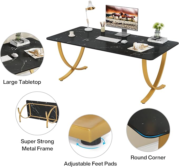 Tribesigns Executive Desk 63” W x 31.5” D Large Office Desk Modern Computer Desk Conference Table Meeting Room Table Business Furniture for Home Office Black and Gold
