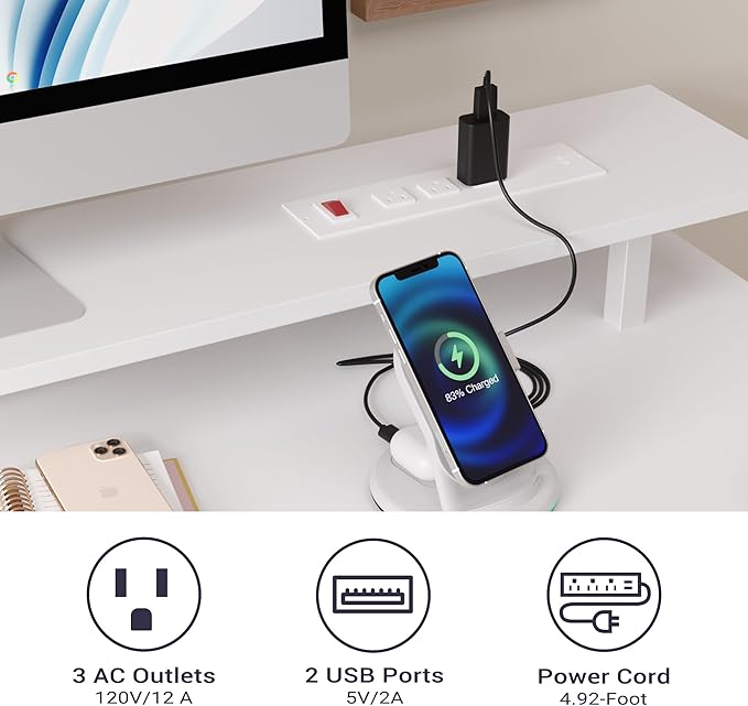 White Computer Desk with Drawers 42 Inch Home Office Desk Study Writing Table Gaming Desk with USB Power Outlets Office Desk with Fabric Drawer Work Table with Shelf for Bedroom White