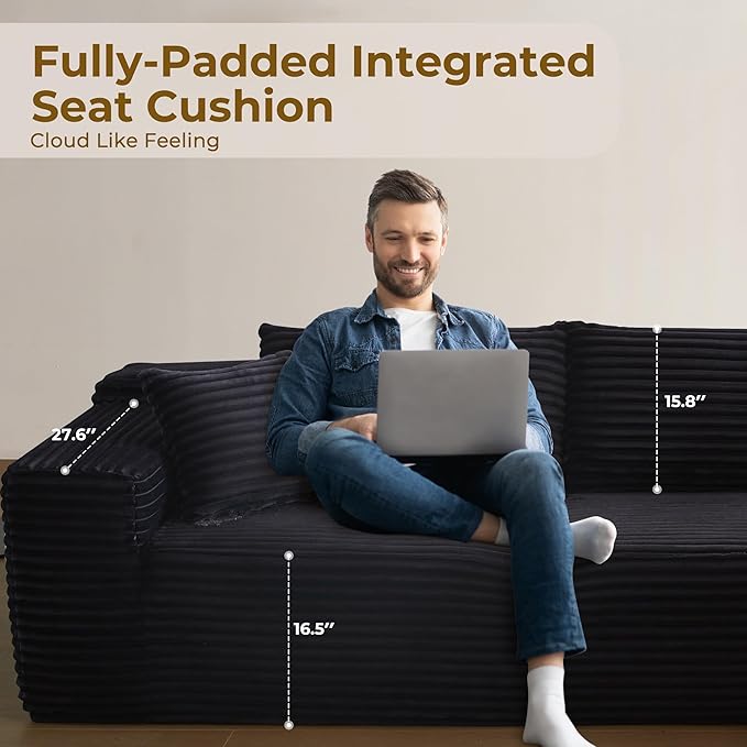 104 L-Shape Modular Sectional Sofa CouchComfy Upholstered Cloud Couch for Living RoomModern Minimalist CouchesDeep SeatNo Assembly Required (BlackPlush Corduroy Right Facing Chaise)
