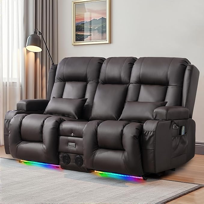 URRED Power Reclining Loveseat Sofa with Console RV Couch Loveseat Recliner Sofa with Massage &amp Heat LED Light Cupholders Bluetooth Speakers USB Charge Ports Outlets Faux Leather Dark Brow