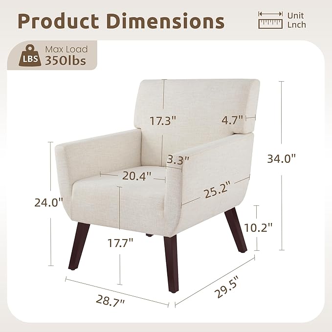 Upholstered Accent ChairMid Century Modern Office Fabric Small Living Room Chair with ArmComfy Wingback Armchair for Bedroom Reading (Beige 2 PC)