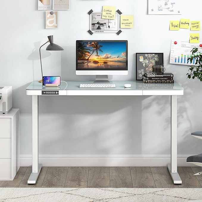 Giantex Glass Standing Desk with Drawer 48 x 24 Height Adjustable Electric Stand Up Desk with Tempered Glass Top 2 Memory Positions &amp USB Type-C Outlets Sit Stand Desk for Home Office White