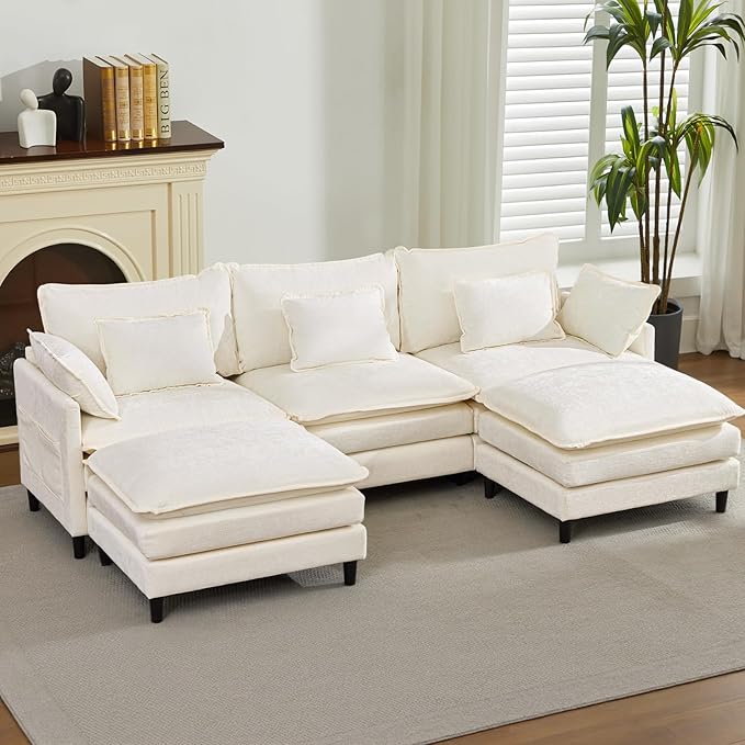SAMERY 111 U Shaped Couch Cloud Sofa Modular Sectional Couch with 2 Large Ottomans Beige 3 Seater Chenille Oversized Deep Seat Sectional Sofa with Pillows for Living Room Bedroom Apartment