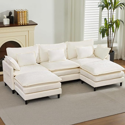 SAMERY 111 U Shaped Couch Cloud Sofa Modular Sectional Couch with 2 Large Ottomans Beige 3 Seater Chenille Oversized Deep Seat Sectional Sofa with Pillows for Living Room Bedroom Apartment