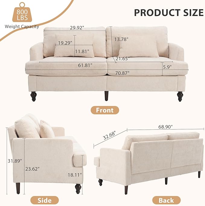69” Modern Chenille Loveseat Sofa Couch Upholstered 2 Seat Love Seat Deep Seat Small Couch with 2 Pillows and Sturdy Wood Legs for Living Room Bedroom Apartment (Beige)