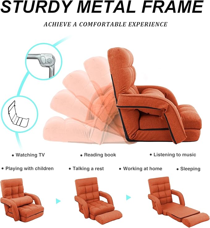 Adjustable Floor Chair for Adults with Back Suppor5-Position Folding Lazy Sofa with Pillow Gaming &amp Meditation Chair with Breathable Fabric - for Living Room Bedroom OfficeBalcony (Orange)