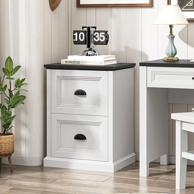 Vertical File Cabinet Filing Cabinet with 2 File Drawers Farmhouse Small File Cabinet Fits Letter/A4 Size Wooden Printer Stand Under Desk Cabinets for Home Office White and Black