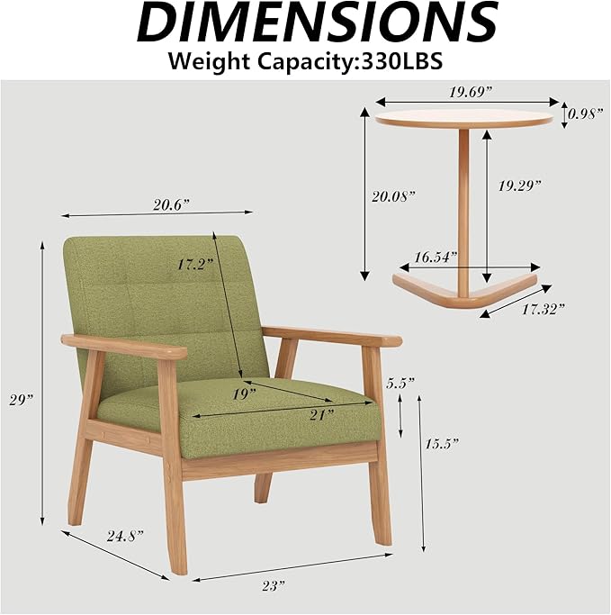 Modern Accent Chair with Wooden Table Upholstered Linen Fabric Leisure Side Chair with Arm Rest and Wooden Frame for Living Room Bedroom Reading (Green)