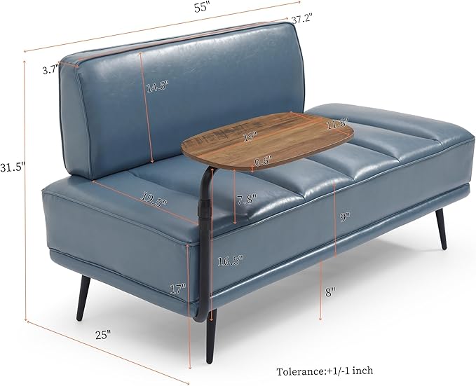 Modern Upholstered End of Bed Bench with 360-Degree Swivel Tray 2 Seater Sofa Couch with Side Table Settee Bench with Metal Legs Backrest for Living RoomEntrywayFoyer (PU-With Tray Grayish Blue)