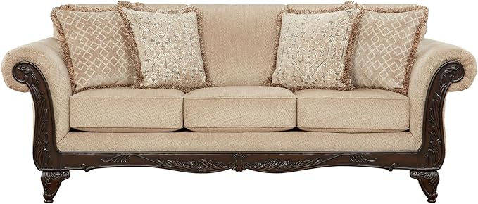 Hernen Carved Wood Frame Sofa Beige Wheat
