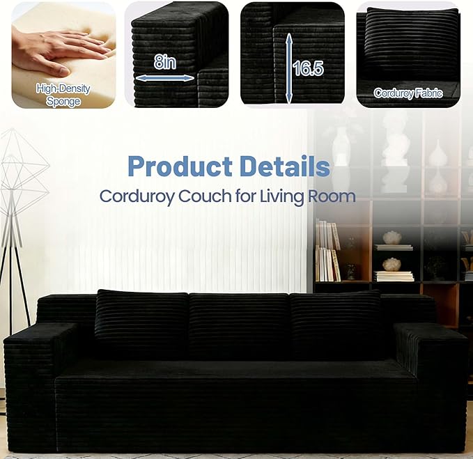 71 Small Boneless Couch Corduroy 3 Seater Couch for Living Room with 3 Pillows &amp Armrests Deep Seat Sofa for Small Spaces Apartment﻿ (Black) | Small Boneless Couch