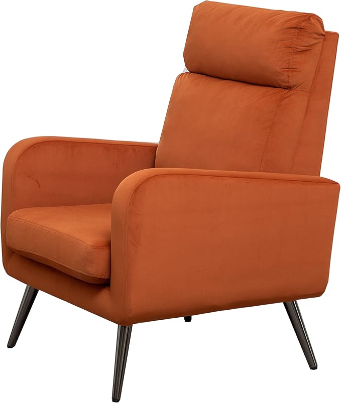 Velvet Accent Chair Modern Living Room Armchair Bedroom Dorm Reading Reception Room Comfort Upholstered Sofa Chair Black Metal Legs Orange