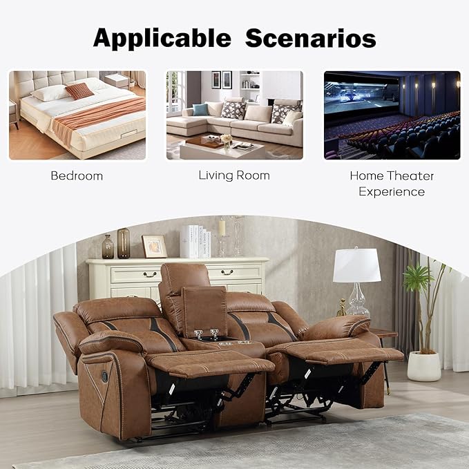 EBELLO Faux Leather Manual Loveseat Recliner 2 Seat Reclining Sofa Chair with Center Console Hidden Storage and Cup Holders Daul Recliner for Living Room Meeting Room Brown (Loveseat)