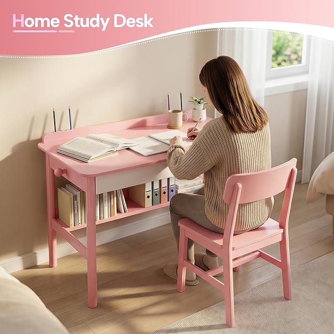 Solid Wood Study Desk &amp Home Office Writing Table with Drawers 31 Vintage Mid Century Modern Computer Desk Home Office Workstation for Bedroom Small Spaces Apartment(Pink31.5 Inch Wide)